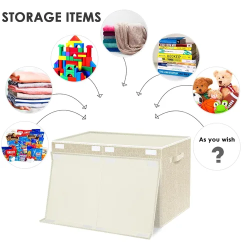 Miniatura 3 de Baúl grande de almacenamiento para juguetes con tapa - Cajas organizadoras plegables para niños con asas para niños, niñas, guardería, sala de Beige