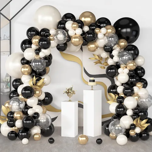 Miniatura 2 de Amandir Kit de guirnalda de arco de 173 globos negros y perlas, blanco perla, negro, cromado, dorado, globos transparentes para graduación