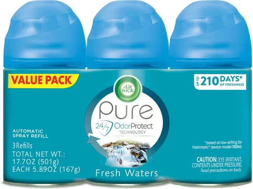 Air Wick - repuestos en espray para ambientador automático, olor a agua fresca, 3 unidades, 5.89 onzas, aceites esenciales, neutraliza malos olores
