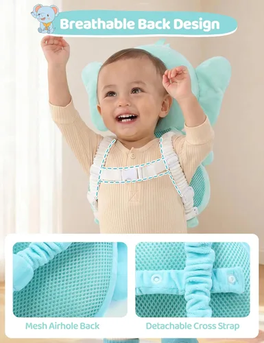 Miniatura 5 de JunNeng Mochila con protector de cabeza para bebé con sonajero, almohadilla de protección de seguridad para la cabeza de niño pequeño, Elefante azul