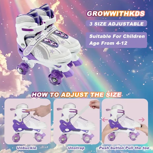 Miniatura 6 de Adjustable Kids Roller Skates for Girls and Boys Ages 3-5 5-8 8-12, All 8 Wheels of Girl's Skates Shine, Safe and Fun Illuminating for Outdoor
