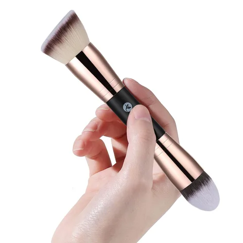 Miniatura 9 de KINGMAS Brocha para base, brocha de maquillaje bronceador premium, pinceles de contorno de doble extremo, parte superior redonda plana y en ángulo
