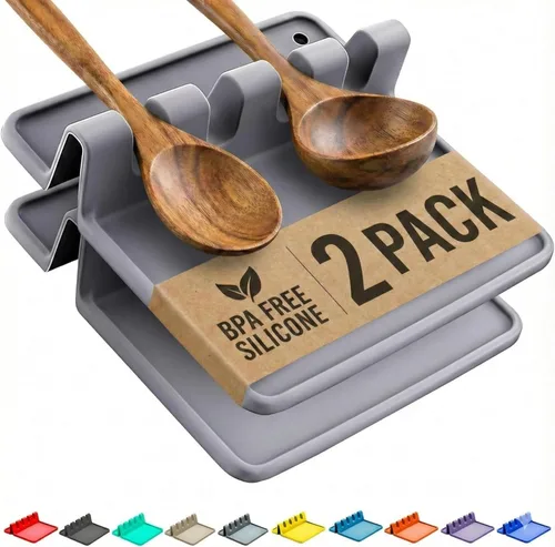 Miniatura 19 de Soporte de cuchara de silicona naranja para estufa con almohadilla de goteo (paquete de dos) – Resistente al calor sin BPA y soporte para cuchara