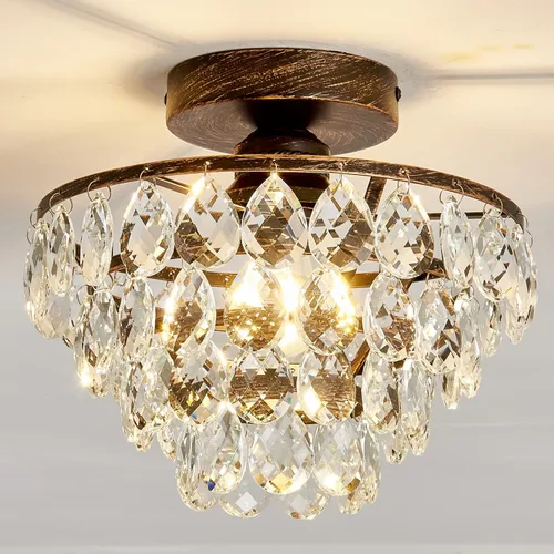 Miniatura 13 de YYJLX Lámpara de techo moderna de cristal pequeña, mini accesorio de luz de araña de montaje semiempotrado negro para pasillo, dormitorio, baño