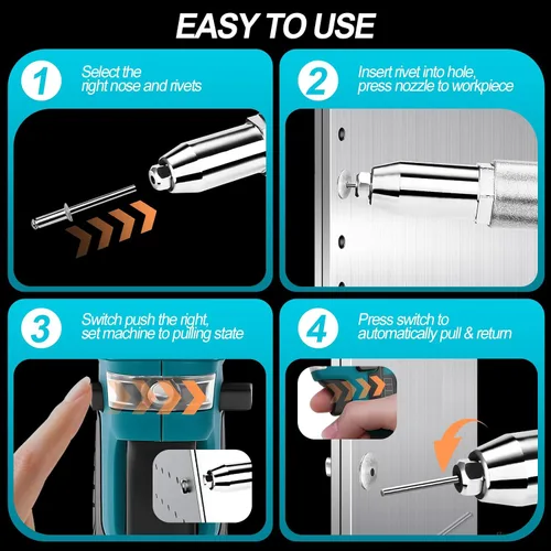 Miniatura 6 de Pistola de Remaches Inalámbrica con Batería de 2×2.0Ah, Herramienta de Pistola de Remaches Eléctrica Automática sin Escobillas Kit de Pistola