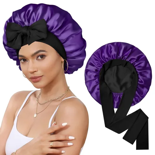 Miniatura 23 de Gorro de satén de seda para dormir, gorro de seda de doble capa con banda elástica para cabello rizado Negro+marrón