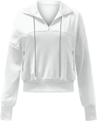 Miniatura 9 de Women's Quarter Zip Up Lapel Sweatshirt Trendy Cropped Drawstring Sweatshirt with Thumb Hole Loose Long Sleeve Workout Tops