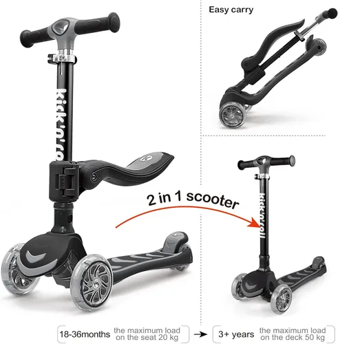 Miniatura 2 de Kicknroll Scooter de 3 ruedas para niños de 3 a 12 años con ruedas iluminadas, diseño plegable, altura ajustable, cubierta extra ancha