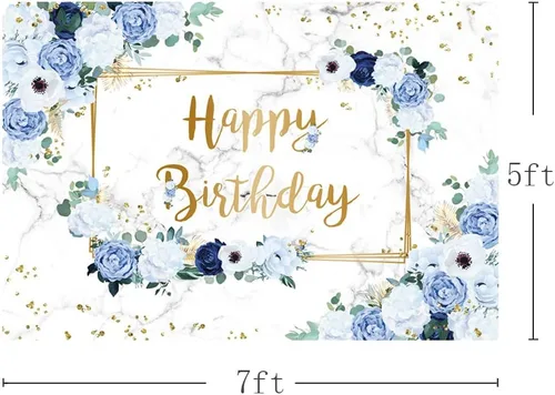 Miniatura 3 de MEHOFOND Telón de fondo de feliz cumpleaños de 7 x 5 pies, flores azules y blancas, fondo de fotografía de cumpleaños para niñas, puntos geométricos