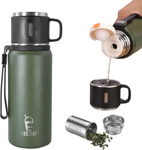 Miniatura 21 de Botella aislada de acero inoxidable, 20 onzas con taza, botella de agua aislada al vacío, termo para bebidas calientes/bebidas frías, viaje con Verde