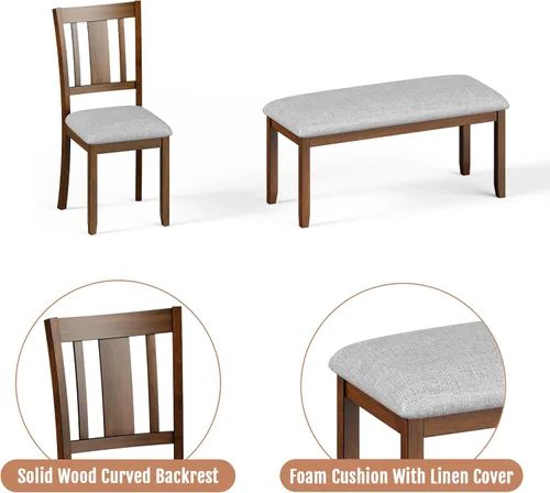 Miniatura 5 de Zevemomo Juego de mesa de comedor de madera maciza de 6 piezas, incluye 1 mesa de comedor, 4 sillas tapizadas y 1 banco, juego de mesa de comedor