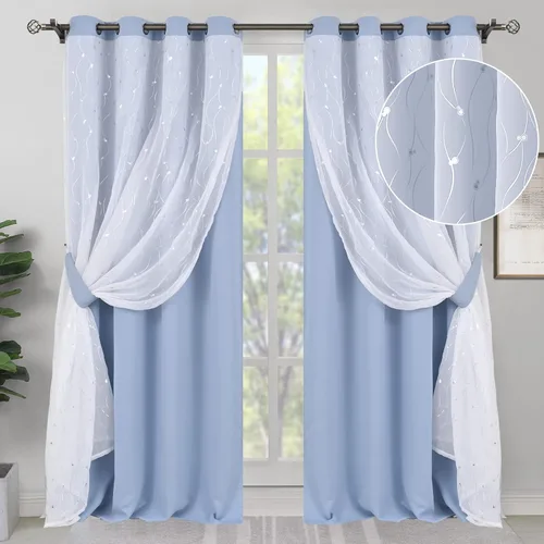 Miniatura 16 de BGment Cortinas de oscurecimiento de habitación con superposición transparente, cortinas de tul estampado plateado de doble capa para sala de estar