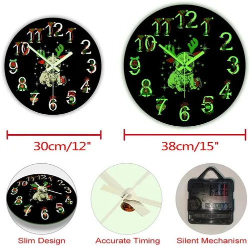 Miniatura 7 de The Geeky Days Reloj que brilla en la oscuridad, adorno de Navidad Pug funciona con pilas, reloj de pared luminoso de cuarzo silencioso con diseño
