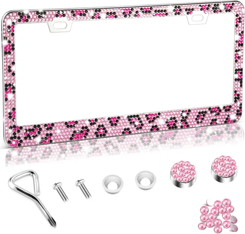 Miniatura 7 de Amiss Marco de matrícula brillante para mujer, 1 paquete de diamantes de imitación hecho a mano de cristal de acero inoxidable de alta calidad, Negro