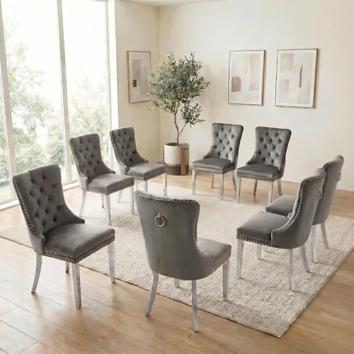 Miniatura 35 de Juego de 6 sillas de comedor de terciopelo, sillas tapizadas con respaldo alto capitoné con ribete de cabeza de clavo y anillo de tracción, patas