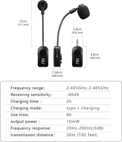Miniatura 8 de EBJ Micrófono de auriculares inalámbricos 2.4G y micrófono de mano 2 en 1, transmisión estable de 98.4 ft, carga USB dual tipo C, compatible