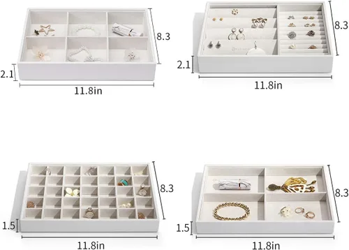Miniatura 7 de Vlando - Bandeja organizadora de joyas apilable, de gran capacidad, organizador de cajones, bandeja de exhibición, caja para anillos, aretes