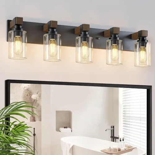 Miniatura 11 de Accesorios de iluminación de baño de granja, luces de tocador rústicas de 3 luces en madera para baño, iluminación de apliques de pared vintage