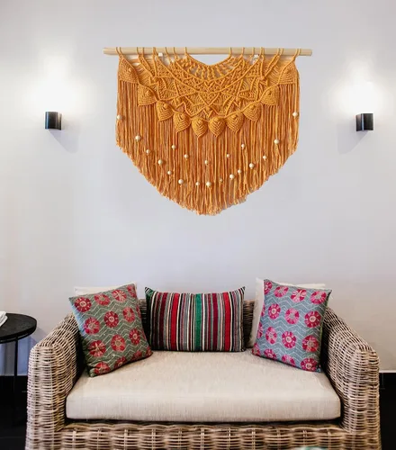 Miniatura 3 de Youngeast Cortina grande de macramé para colgar en la pared, con cuentas estilo bohemio para ventana, macramé, cabecero, sala de estar, decoración