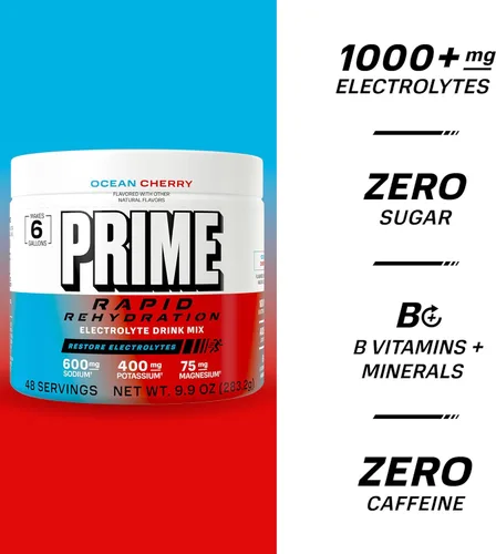 Miniatura 4 de Prime Rapid - Mezcla de electrolitos de rehidratación en polvo, cereza oceánica, sin azúcar, con sodio, potasio, magnesio y vitaminas B para reponer