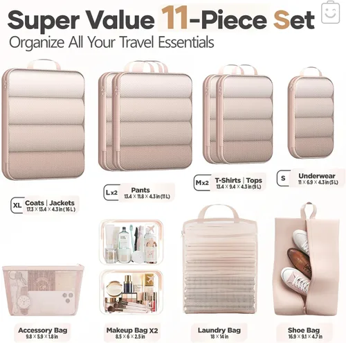 Miniatura 2 de Veken Juego de 11 cubos de compresión para artículos esenciales de viaje, bolsas organizadoras compresibles expandibles grandes para ropa, bolsas