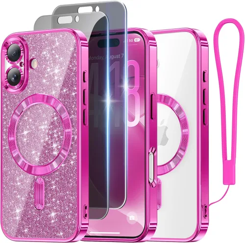Miniatura 64 de Meifigno Candy Mag Series - Funda diseñada para iPhone 15 Pro, compatible con MagSafe, tarjeta con purpurina y correa de muñeca, protección completa