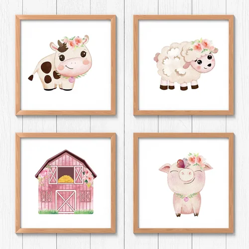 Miniatura 5 de Hotop 42 piezas de recortes florales de animales de granja, decoración de fiesta temática de granja rosa con 60 puntos de pegamento para niñas