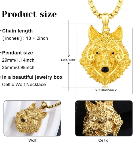Miniatura 6 de Twoowl Collar de cabeza de lobo para hombre, plata de ley 925, oro con colgante de lobo, collar Fenrir nórdico pagano, joyería punk para hombres