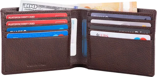 Miniatura 2 de DiLoro Billetera de cuero delgada para hombre con bolsillo y tecnología de bloqueo RFID Géminis Brown Cartera RFID plegable