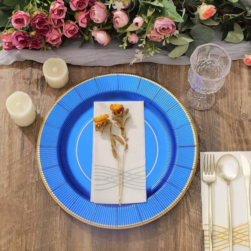Efavormart - Paquete de 25 platos desechables de 13 pulgadas de color azul rey metálico con rayos de sol, platos de carga de papel resistentes, 350