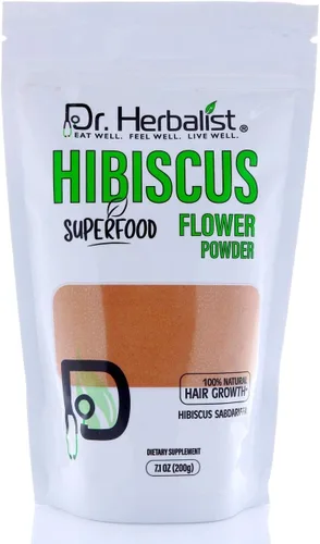 Dr. HERBALIST Hibiscus Powder 7.05 oz - Polvo de flor de hibisco rosa sinensis puro - Té de hierbas y uso cosmético - Halal