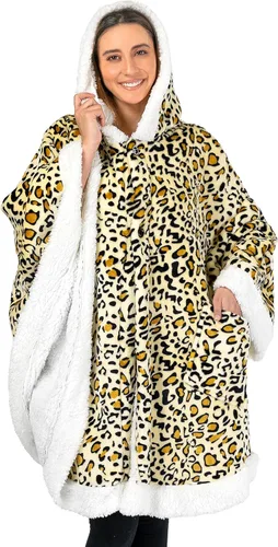PAVILIA Hooded Blanket Poncho for Women, Sherpa Shawl Wrap with Hood, Cozy Warm Wearable Throw with Pockets, Gift for Mom Guepardo