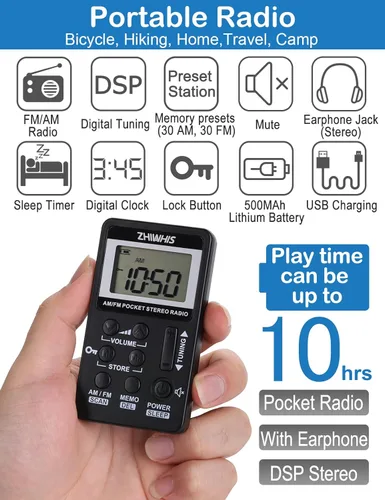 Miniatura 2 de ZHIWHIS Radio portátil, receptor AM FM con temporizador de sueño, radios estéreo recargables con reloj digital, sintonizador DSP con función