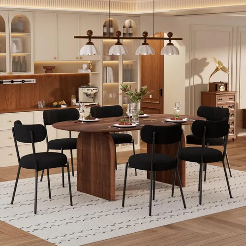 Miniatura 14 de Juego de mesa de comedor ovalada moderna de 70 pulgadas con 6 sillas de tela Boucle, mesa de MDF y base resistente a rayas, muebles de cocina