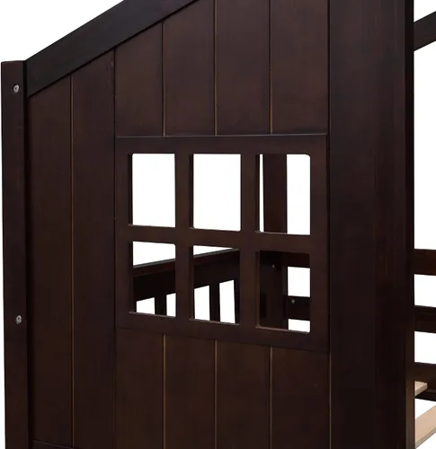 Miniatura 7 de JIVOIT Litera de casa, litera de tamaño individual sobre individual con escalera, litera de madera con barandillas en forma de techo, ventana
