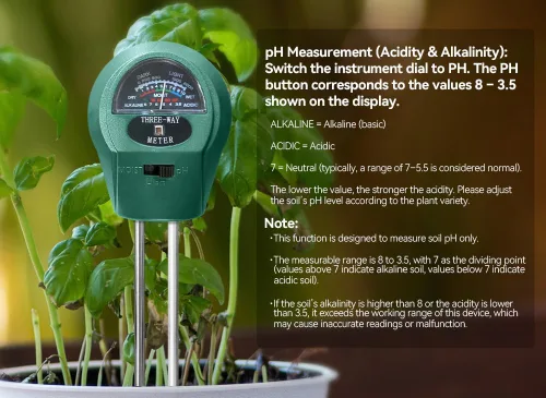 Miniatura 6 de Medidor de pH del suelo 3 en 1: probador de humedad, luz y pH para jardín, césped, granja, cuidado de plantas en interiores y exteriores, verde