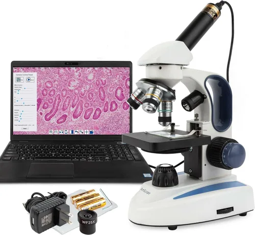 AmScope Microscopio monocular compuesto inalámbrico digital M158C-2L-E, oculares WF10x y WF25x, aumento de 40x-1000x, iluminación LED superior e