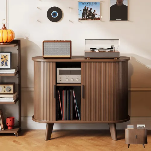 Soporte para tocadiscos, mueble moderno de mediados de siglo con puertas correderas, gabinete de estantería de audio-video, soporte de medios