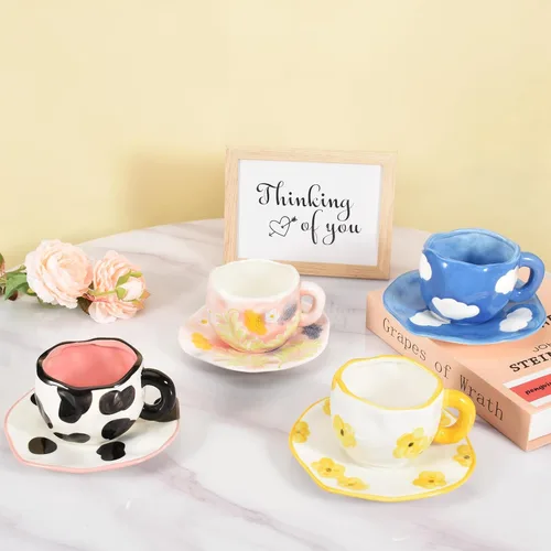 Miniatura 3 de Koythin - Taza de café de cerámica con platillo, taza única y bonita hecha a mano para mujeres para oficina y hogar, apta para lavavajillas y Cielo