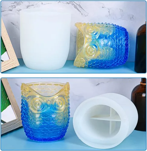 Miniatura 9 de Molde de silicona de resina para bolígrafo, molde para portavelas de búho, molde de fundición de epoxi para taza, maceta de almacenamiento