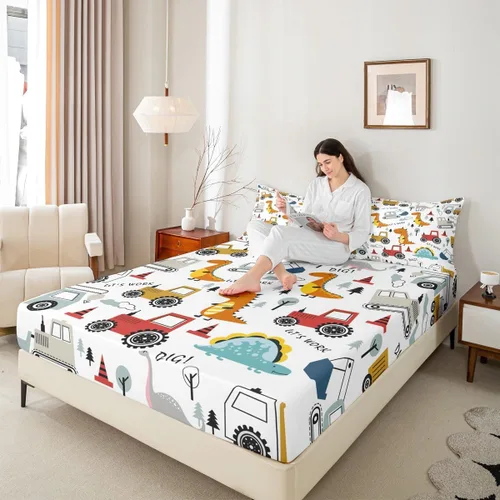 Miniatura 5 de Feelyou, juego de sábanas ajustadas con temática de construcción, niños, dinosaurios de dibujos animados, juego de ropa de cama para niños, Multi 37