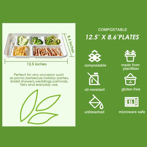Miniatura 3 de Vplus Platos 100% compostables con 6 compartimentos, paquete de 90 platos de papel con compartimentos, bandejas desechables de 12.5 x 8.6 pulgadas 6