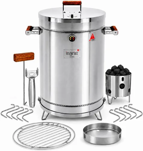 Parrilla Ahumadora de Barril de Acero Inoxidable 3 en 1 – Barbacoa Portátil de Carbón con Termómetro, Ahumador de Cocina al Aire Libre de 40 libras