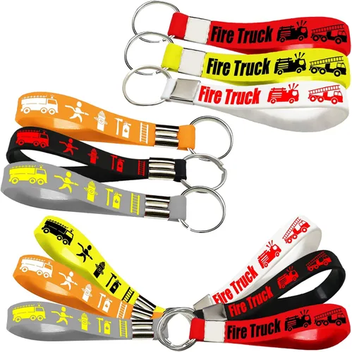 Miniatura 5 de CupaPlay 24 llaveros de goma para camiones de bomberos, suministros de fiesta de camiones de bomberos, bomberos, carreras, trabajadores