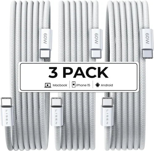 Miniatura 11 de LISEN Cable USB C, paquete de 5 cables USBC a USBC [0.5 pies] para iPhone 17 16e 15 Pro Max, cable de carga rápida de 60 W C a C para Galaxy Negro