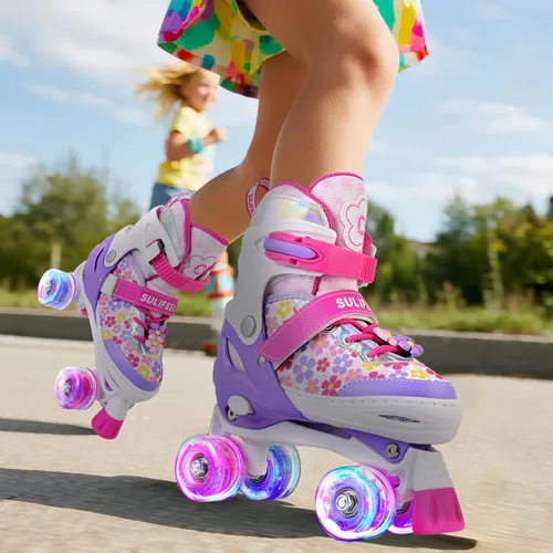 Miniatura 9 de SULIFEEL Rainbow Unicorn - Patines ajustables de 4 tamaños para niñas y niños de 3-5, 5-8, 6-12 años, patines para interiores y exteriores H Floral