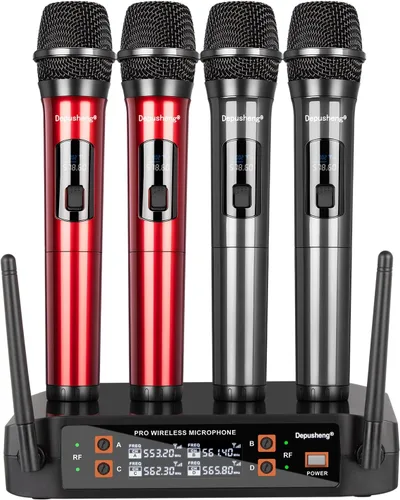Depusheng Micrófono inalámbrico, sistema profesional de mano de karaoke de 4 canales para karaoke en casa, reuniones, fiestas, iglesia, DJ, boda,