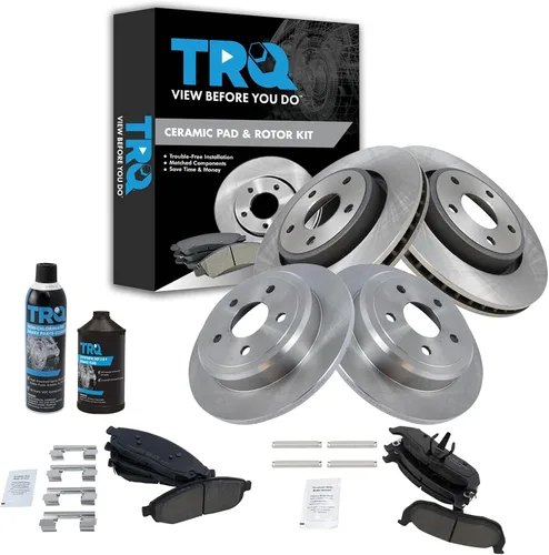 TRQ Kit de pastillas de freno delanteras y traseras y rotores Kit de productos químicos para freno, pastillas de freno de cerámica compatible con