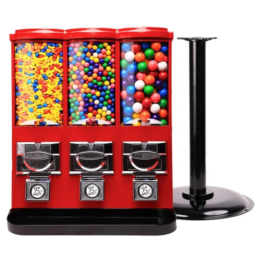 Máquina expendedora – Máquina comercial de chicles y dulces con soporte y recarga en paquete – Máquina expendedora triple roja con recipientes