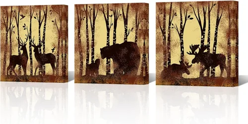 FuShvre Imágenes rústicas de cabaña, decoración de pared, ciervo, alce, oso en el bosque, impresiones artísticas de lienzo vintage de vida